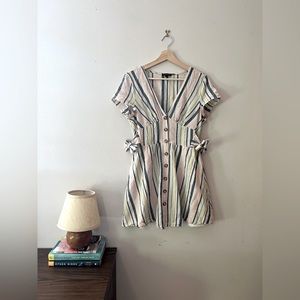 Muted Pastels Striped Button Up Mini Dress with Bows